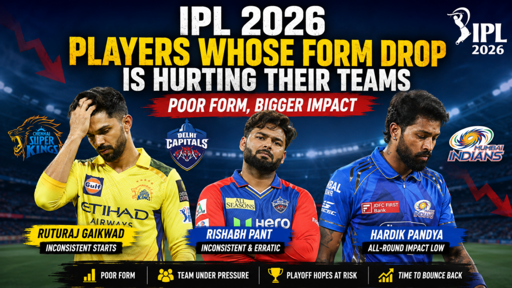 IPL 2026 players Ruturaj Gaikwad, Rishabh Pant and Hardik Pandya struggling with form, affecting CSK MI DC and other IPL teams performance.