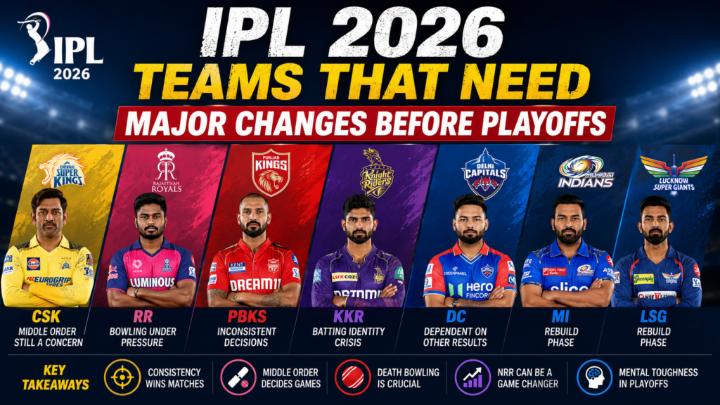 IPL 2026 teams analysis showing CSK, RR, PBKS, KKR, and DC struggling with form and needing