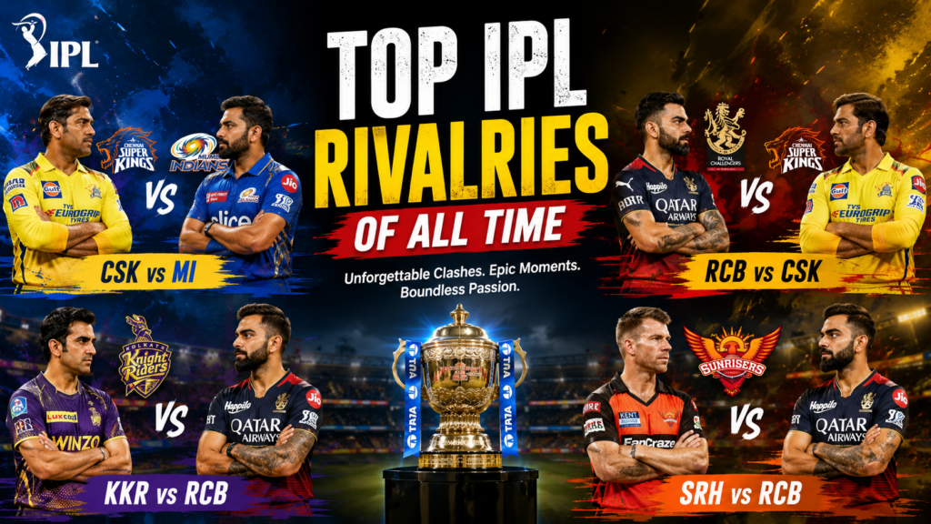Top IPL rivalries featuring CSK vs MI, RCB vs KKR, and other iconic IPL team clashes in intense cricket action