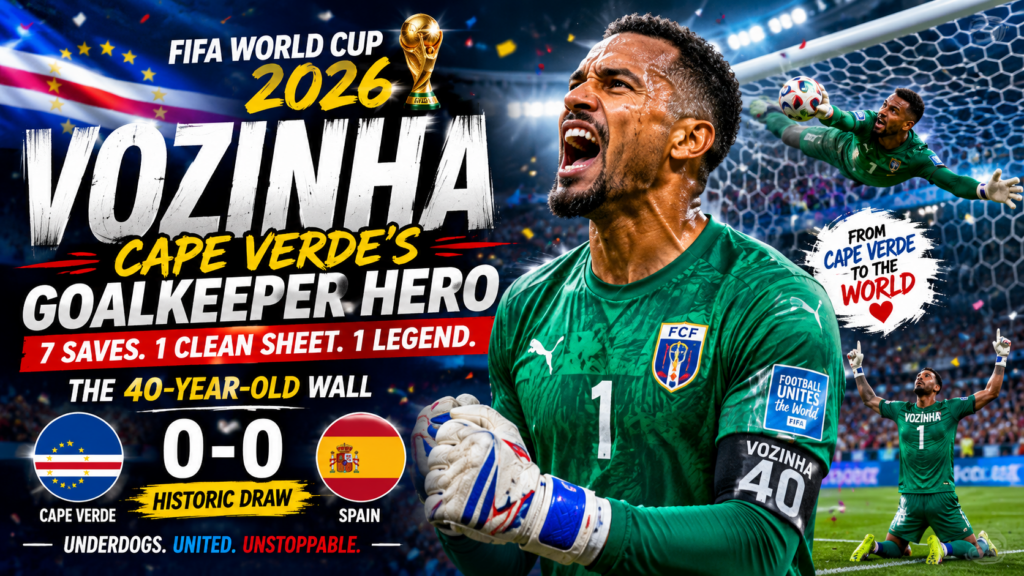 Vozinha celebrates after his outstanding goalkeeping performance for Cape Verde against Spain at the FIFA World Cup 2026.