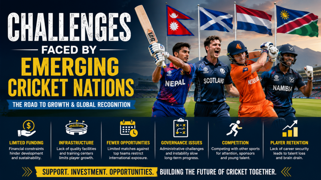 Emerging cricket nations competing internationally while overcoming funding, infrastructure, and development challenges