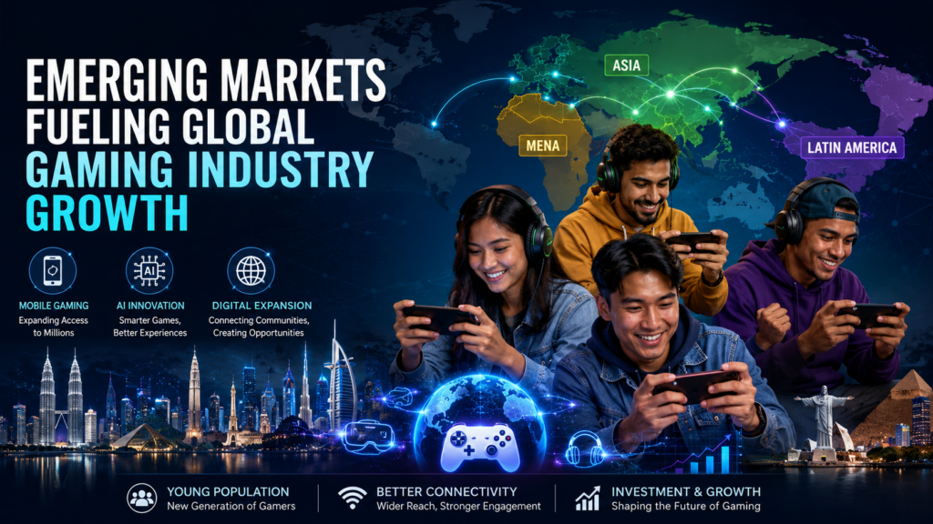 Gamers in emerging markets driving global gaming industry growth through mobile gaming, esports, AI, and digital innovation.