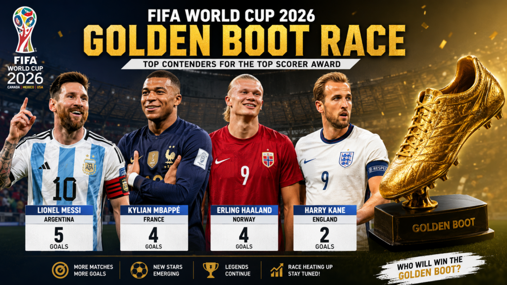 Lionel Messi, Kylian Mbappé, Erling Haaland, and Harry Kane competing in the FIFA World Cup 2026 Golden Boot race.