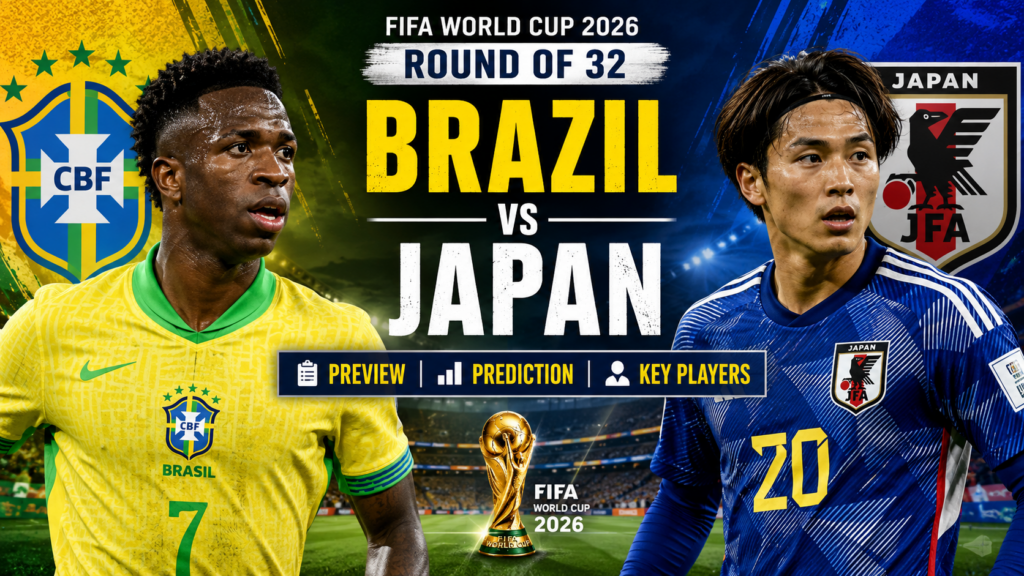 Brazil vs Japan FIFA World Cup Round of 32 preview featuring Vinicius Junior and Takefusa Kubo ahead of the knockout match.