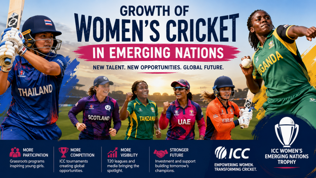 Women cricketers from emerging nations competing in an international cricket tournament showcasing the global growth of women's cricket.