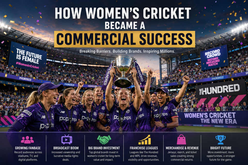 Women cricketers celebrating success during a major tournament, showcasing the rapid commercial growth and popularity of women's cricket.