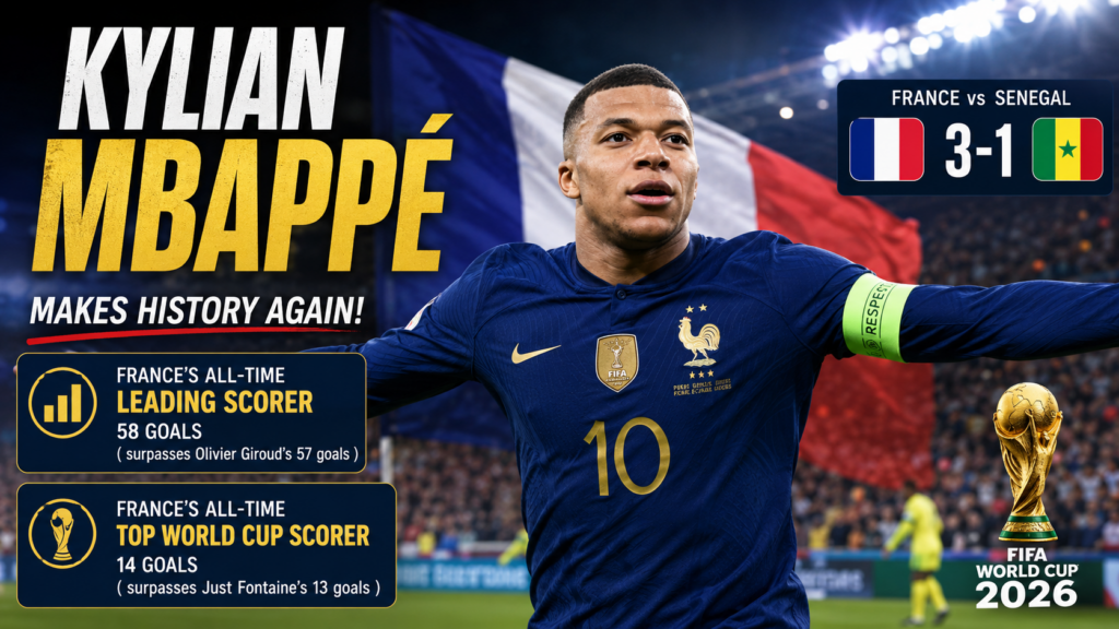 Kylian Mbappé celebrates after scoring against Senegal and breaking France's all-time scoring and World Cup goal records at FIFA World Cup 2026.
