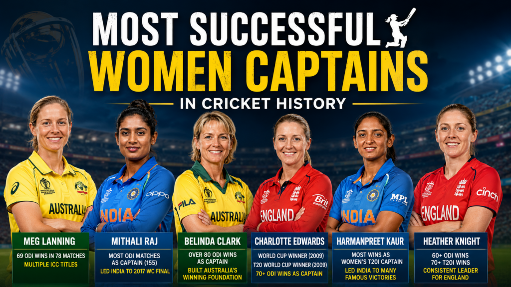 Most successful women cricket captains including Meg Lanning, Mithali Raj, Harmanpreet Kaur, and Charlotte Edwards.