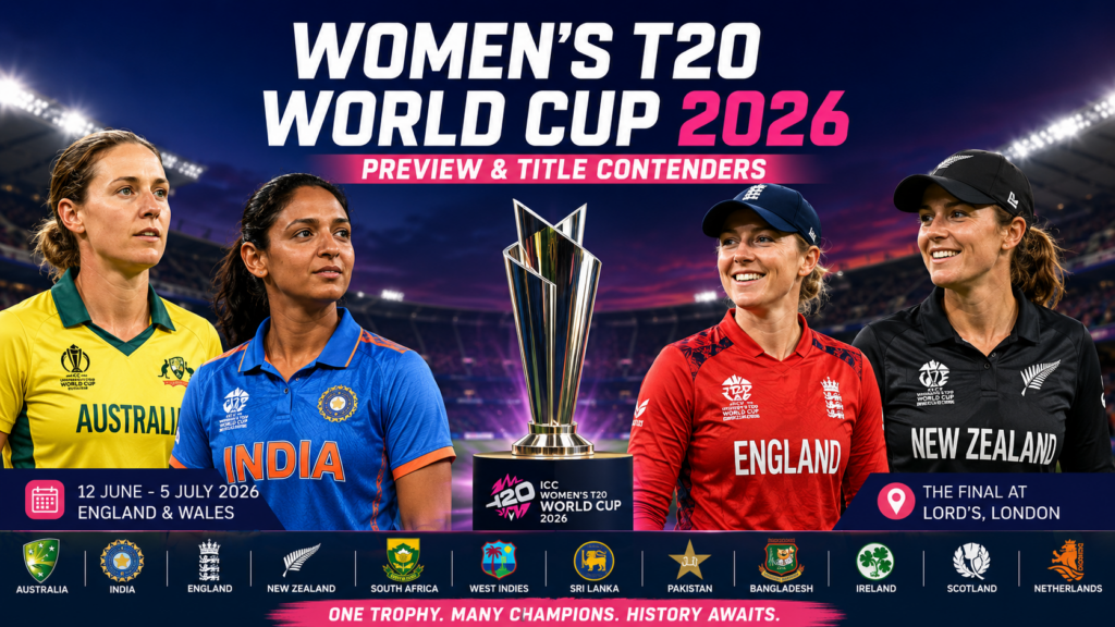Women's T20 World Cup 2026 trophy with leading teams including India, Australia, England, and New Zealand competing for the title