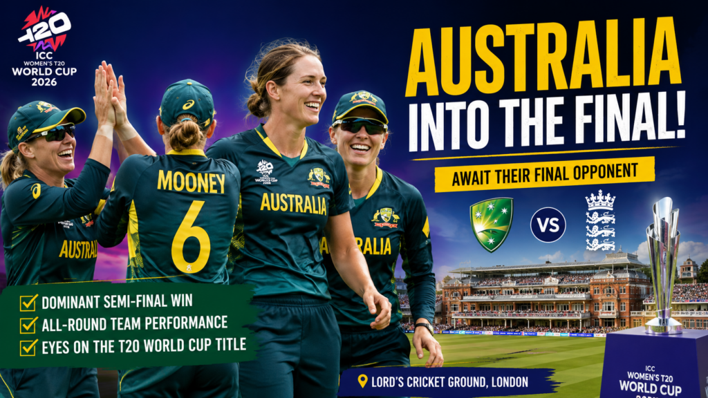 Australia celebrate after defeating West Indies to reach the ICC Women's T20 World Cup 2026 Final and await England in the title clash.