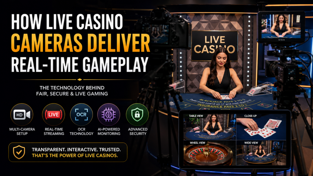 Professional live casino dealer using multiple HD cameras to stream blackjack gameplay in real time with secure broadcasting technology