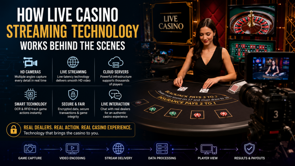 Live casino dealer streaming a blackjack game with HD cameras and real-time gaming technology in a professional casino studio.