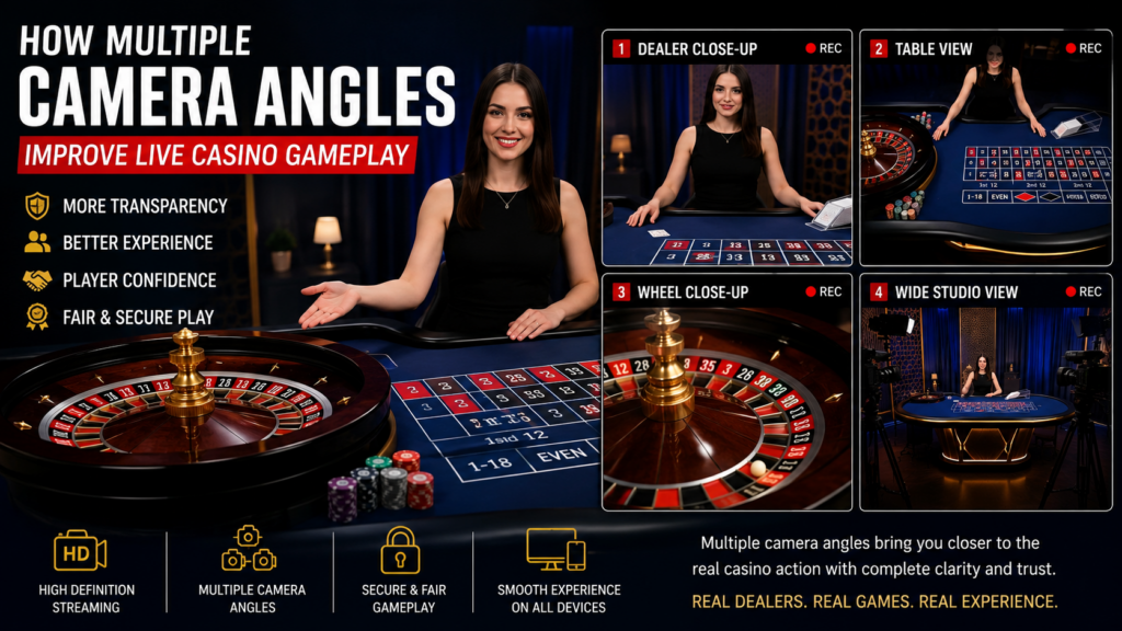 Live dealer casino table with multiple camera angles showing roulette and blackjack gameplay in high-definition streaming