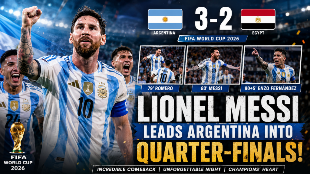 Lionel Messi celebrates after leading Argentina to a dramatic 3-2 comeback win over Egypt in the FIFA World Cup 2026 Round of 16.