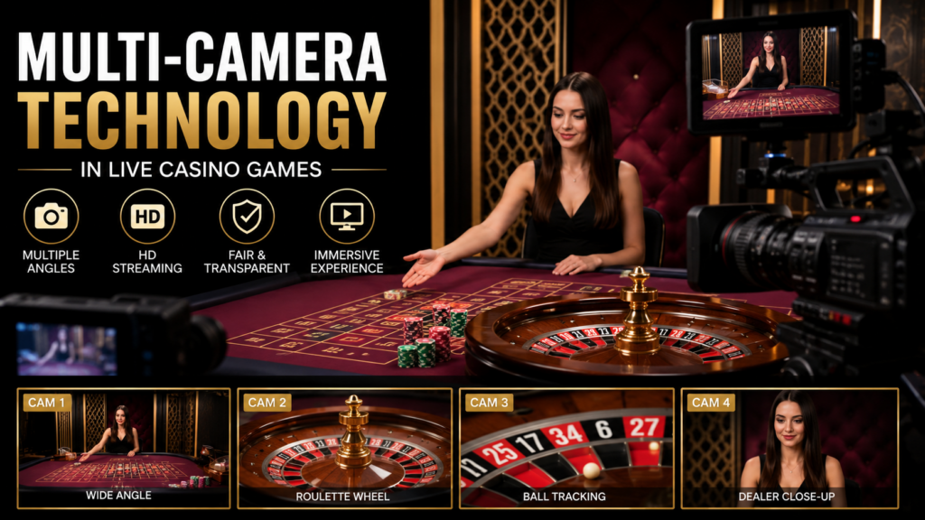 Multi-camera technology capturing a live casino roulette table with HD streaming for a realistic online gaming experience.