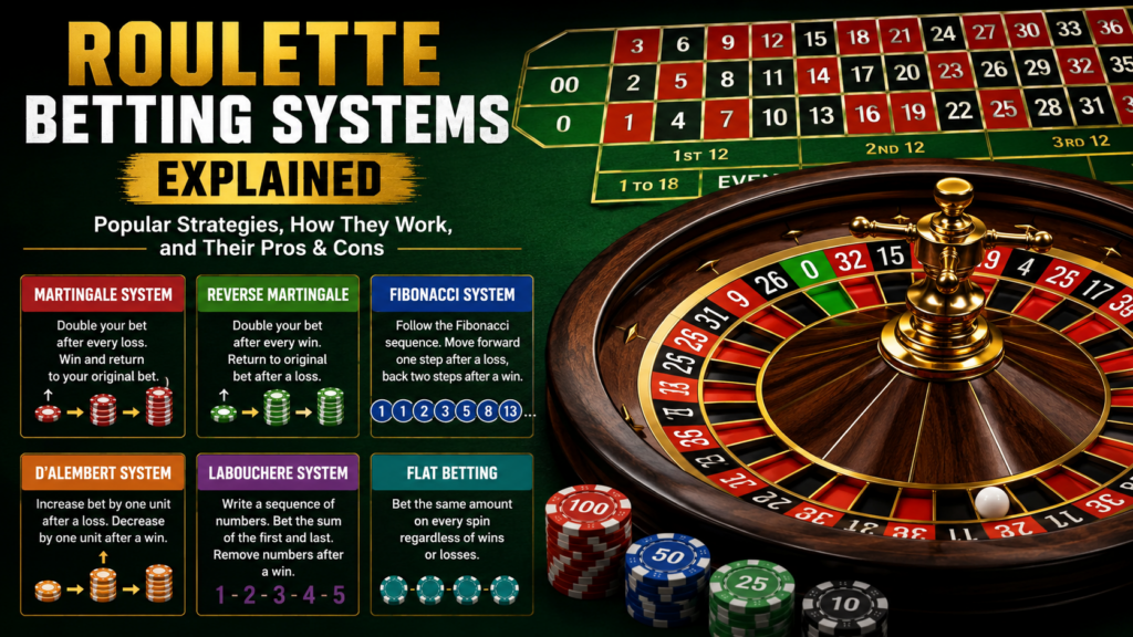 Illustration showing popular roulette betting systems including Martingale, Fibonacci, D'Alembert, and Paroli around a European roulette wheel with casino chips and betting layout.