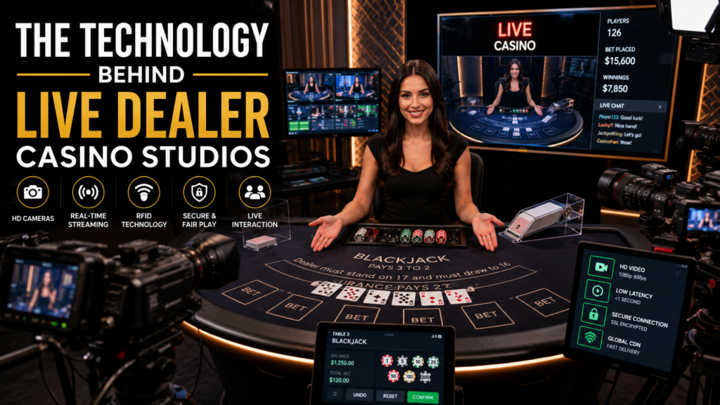 Modern live dealer casino studio with a professional dealer, HD cameras, studio lighting, and advanced streaming technology powering real-time online casino games.