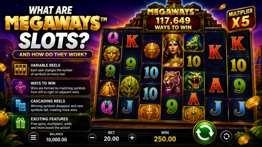 Megaways slot game interface showing dynamic reels, cascading symbols, and multiple winning combinations in an online casino game.