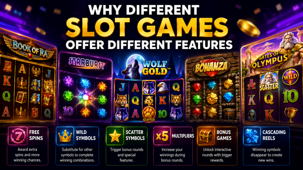 Different slot games showing unique bonus features and gameplay mechanics in an online casino interface