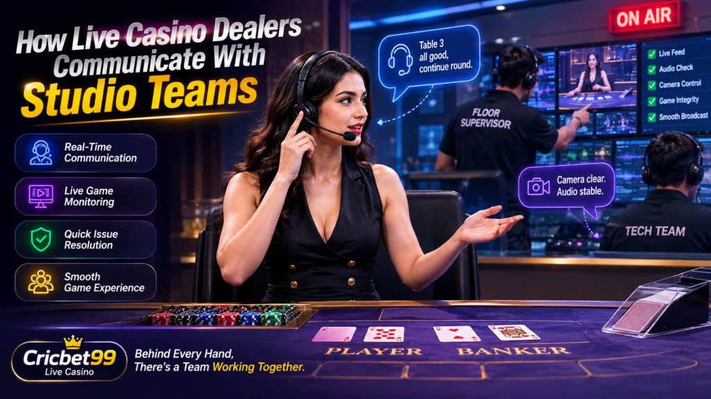 Live casino dealer communicating with studio team during a professional live casino game broadcast