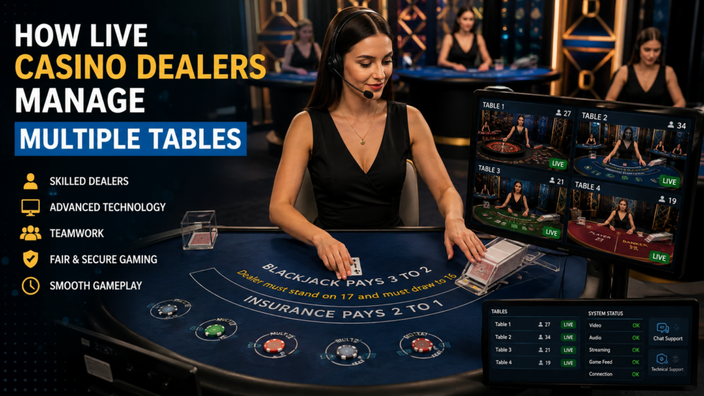 Live casino dealer managing multiple gaming tables using advanced casino technology during a real-time online casino session