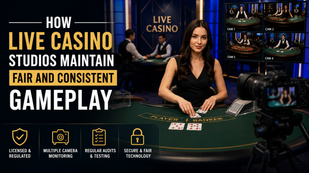 Live casino dealer managing a professional gaming table with cameras ensuring fair and consistent gameplay during live casino sessions.