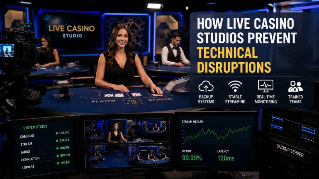 Live casino studio with professional dealers, cameras, and technology designed to prevent technical disruptions during real-time games.