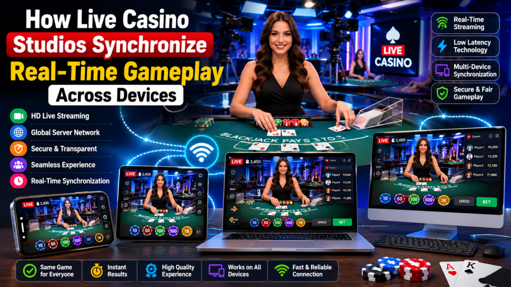 Live casino studio synchronizing real-time gameplay across multiple devices with HD streaming technology.