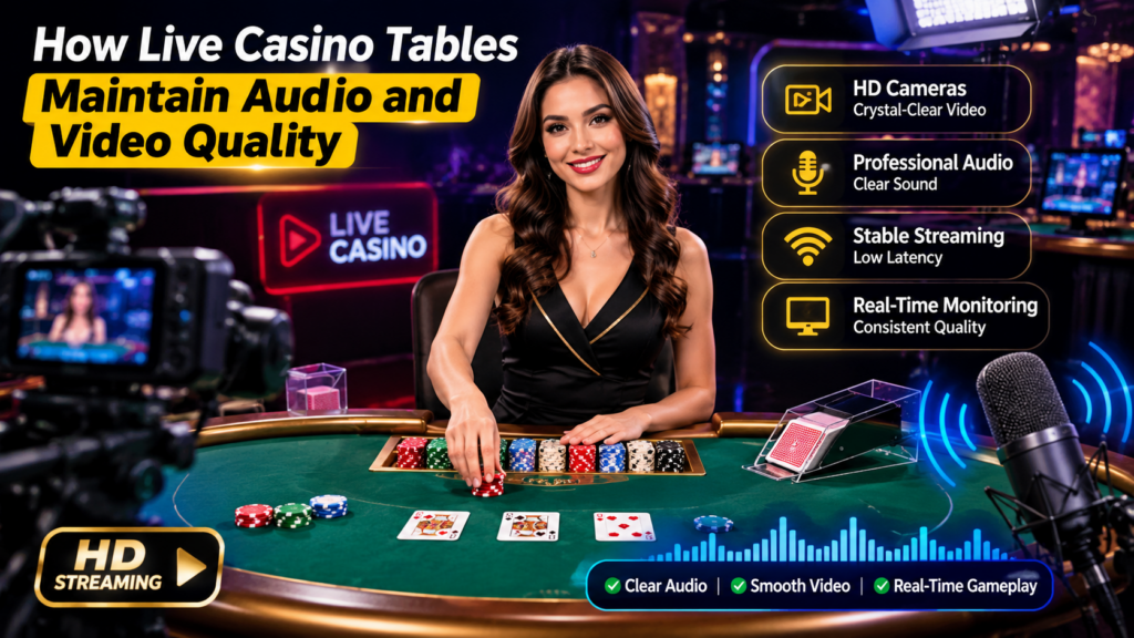 Live casino dealer at a professional gaming table with HD cameras and high-quality audio streaming for online players