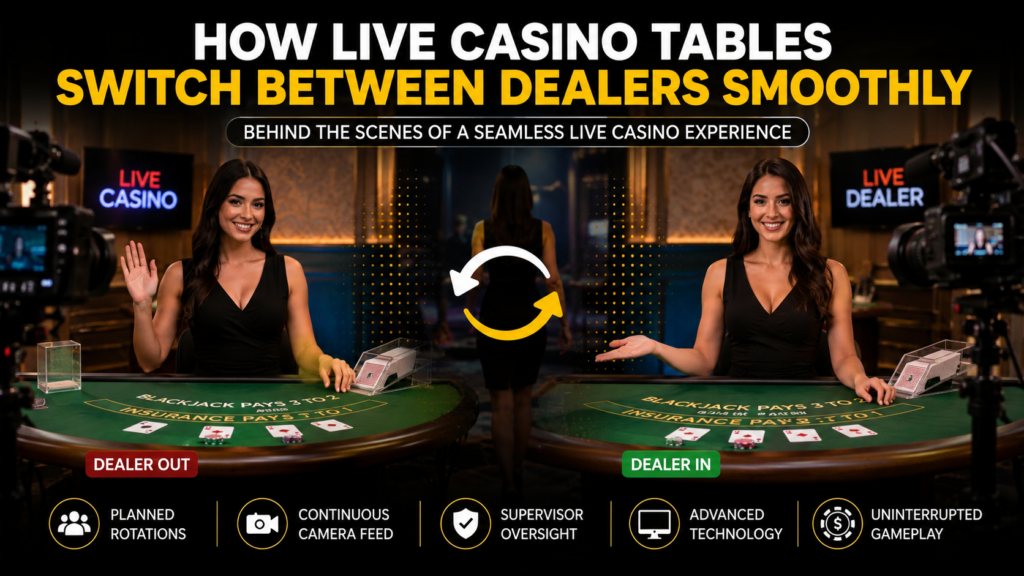Live casino dealer transition at a professional casino table with cameras and real-time streaming technology.