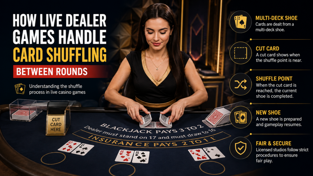 Live dealer card shuffling process between blackjack rounds