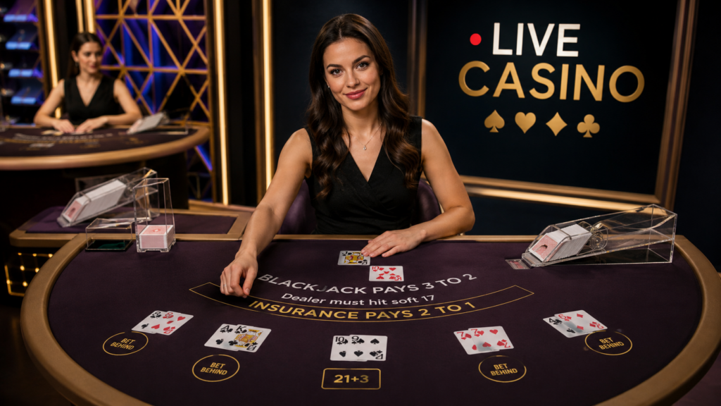 Professional dealer managing a live blackjack table during an online live casino game