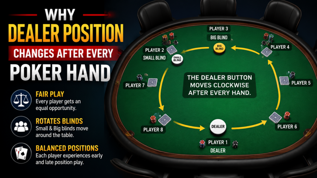 Poker dealer button moving around a poker table after each hand