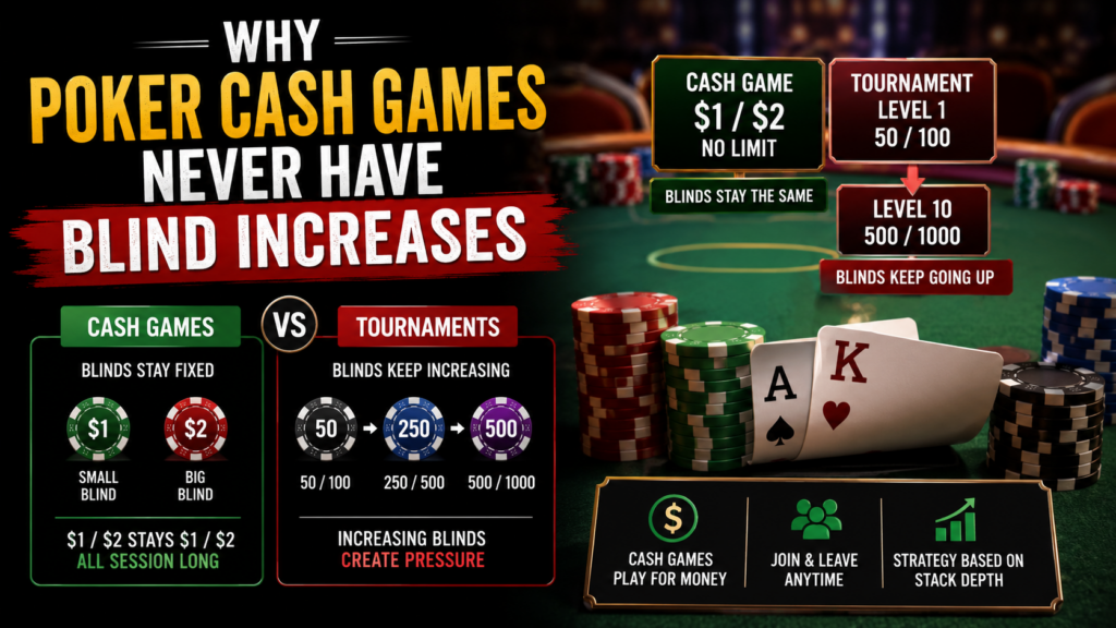 Poker cash games with fixed blinds compared with tournament poker