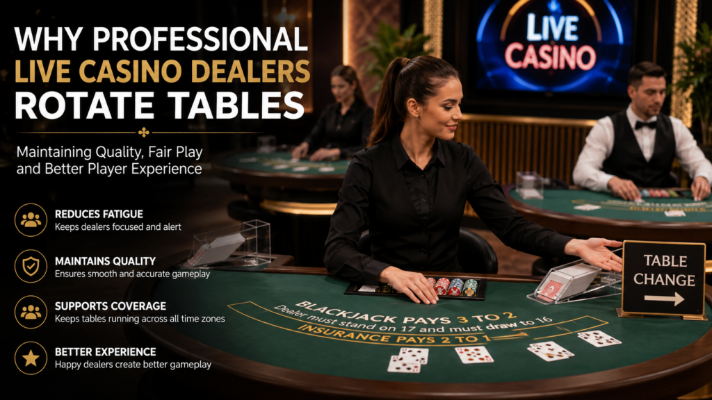 Professional live casino dealer rotating between tables during a live gaming session