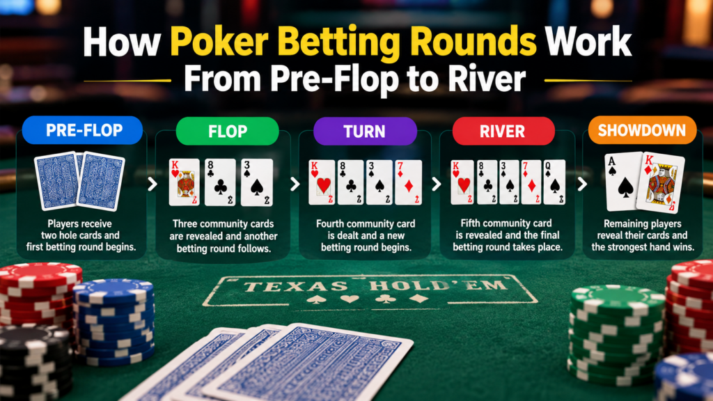 Poker betting rounds from pre-flop to river in Texas Hold’em