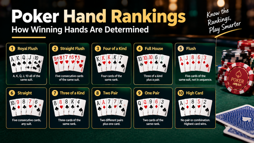 Poker Hand Rankings chart showing Royal Flush, Straight Flush, Full House and other winning hands