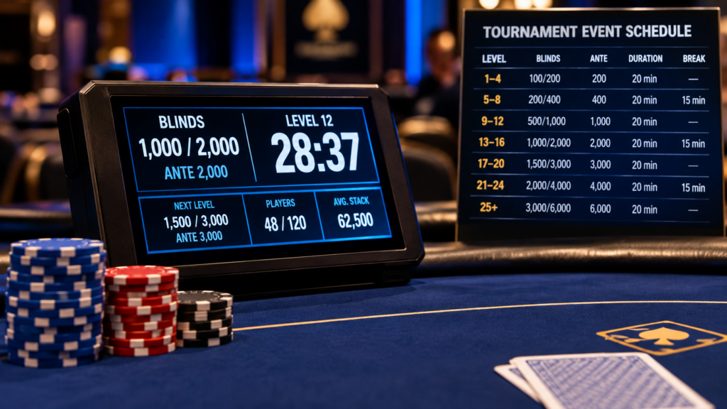Poker tournament clock showing blind levels and event schedule