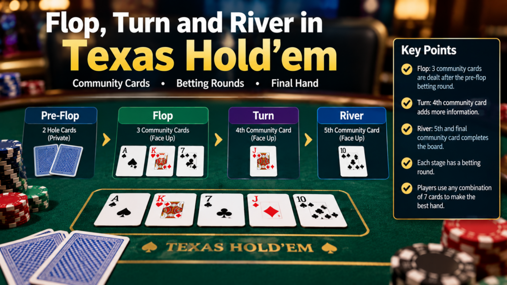 Flop turn and river in Texas Hold'em showing community cards on a poker table