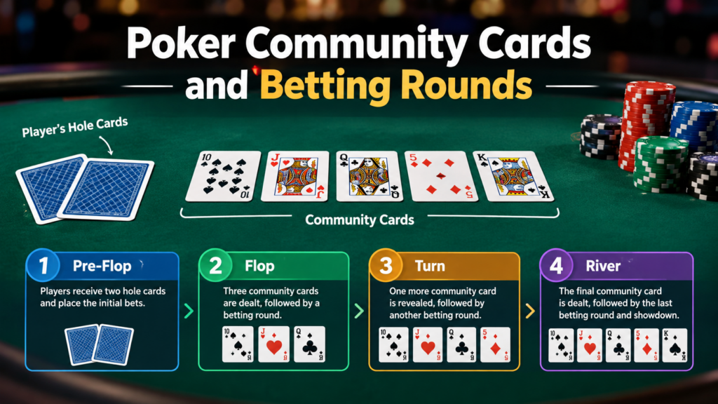 Poker community cards and betting rounds in Texas Hold'em