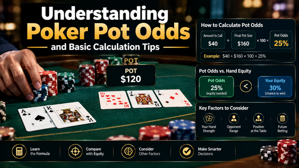 Poker pot odds calculation showing pot size, call amount, percentage, playing cards, chips, and poker table