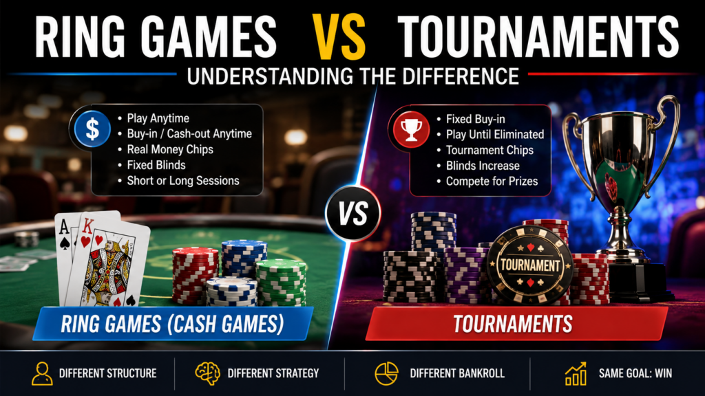 Understanding the difference between ring games and poker tournaments with strategy comparison