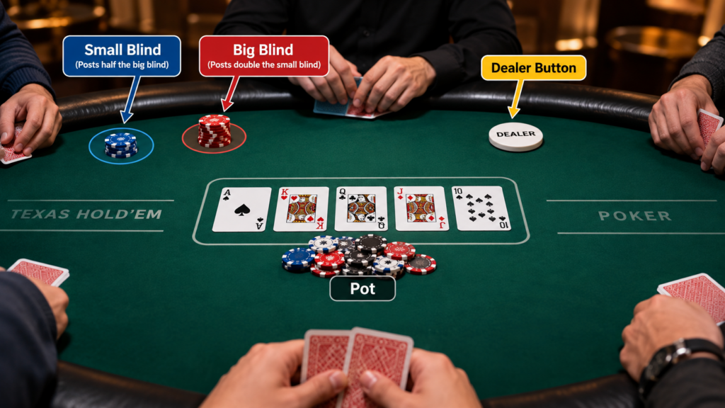 Poker table showing small blind and big blind positions during a Texas Hold’em game