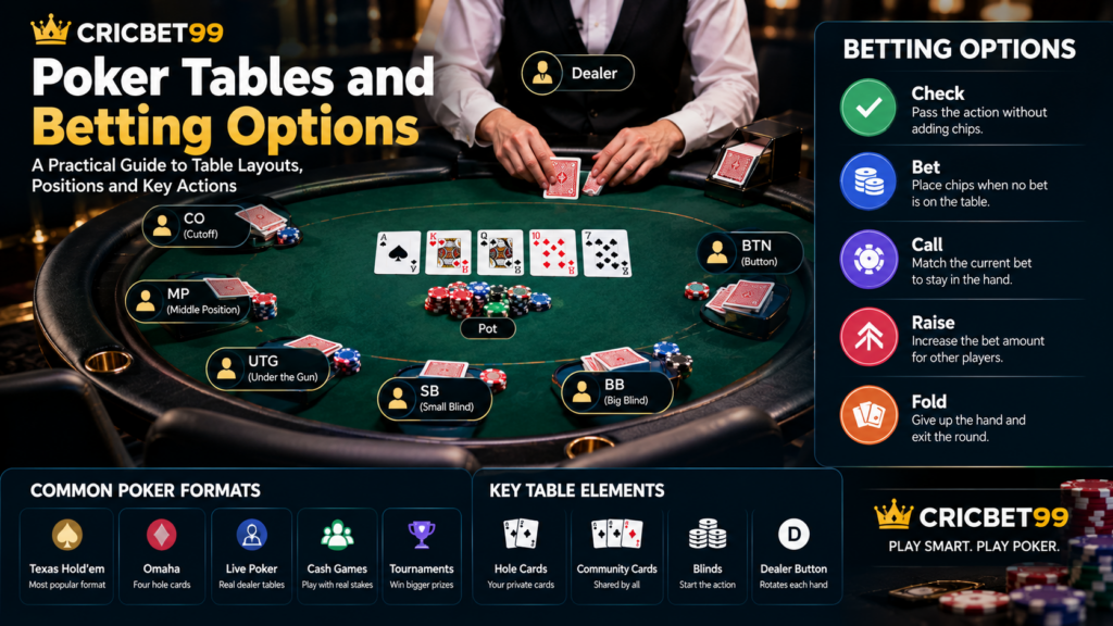 Poker tables and betting options showing player positions, blinds, cards, chips, betting rounds, calls, raises, and folds